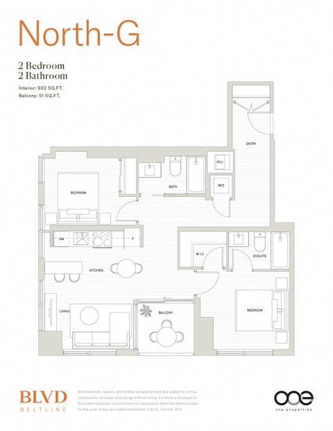 Floor plan for 2 beds, 2 baths, 902 sqft